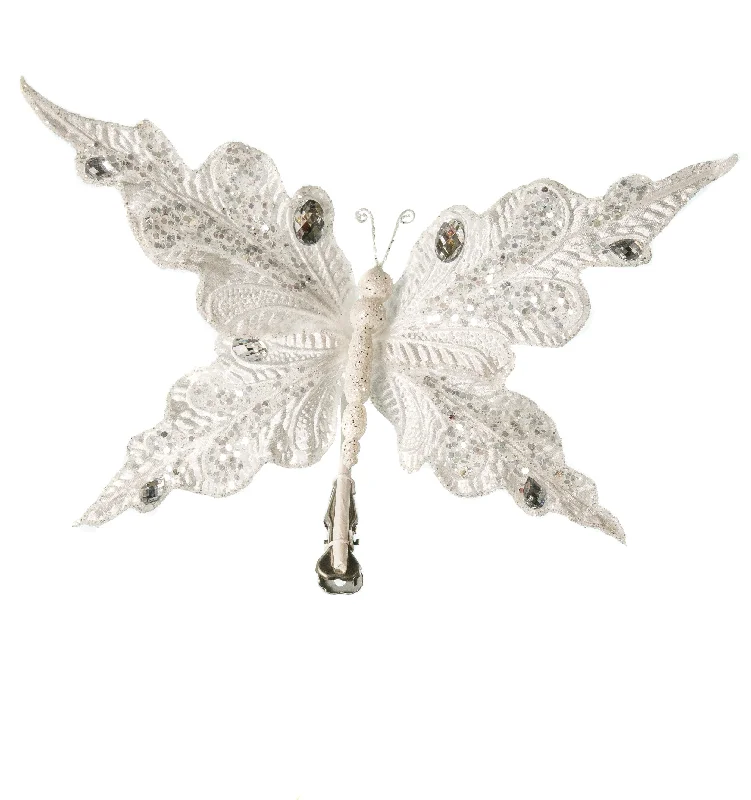 10" White Glitter Butterfly Clip Set Of 6