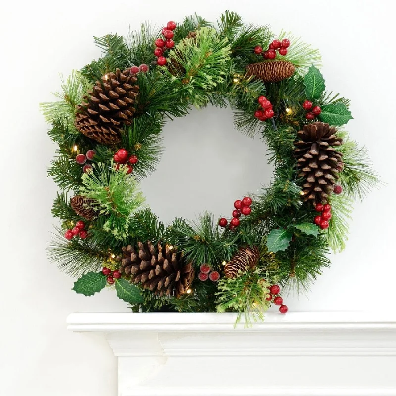 20" Pre-Lit Decorated Artificial Christmas Wreath With Timer