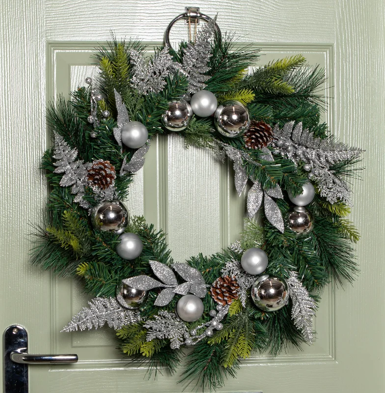 60cm Hanging Christmas Wreath with Silver Baubles and Pinecones with Glitter Berries