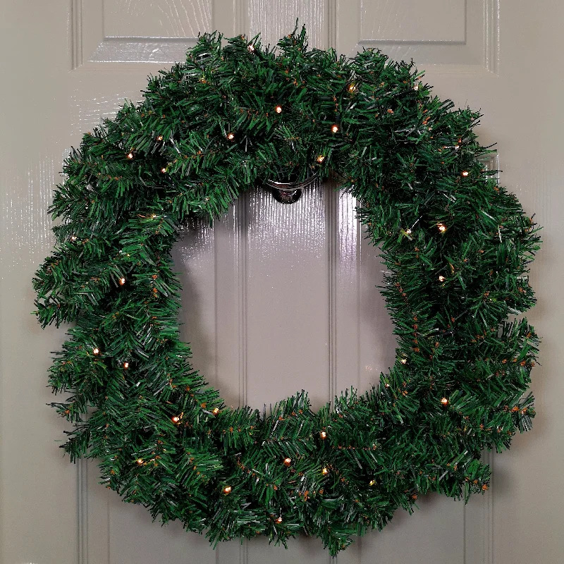 60cm Pre Lit Plain Green Christmas Wreath with Warm White LEDs and 160 Tips