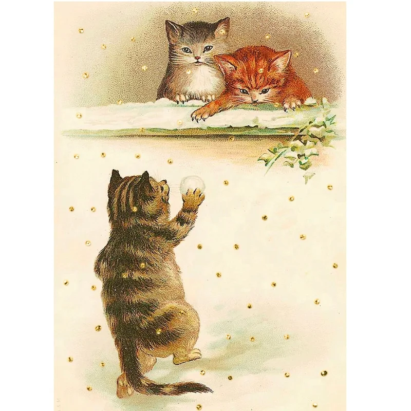 Cats with Snowball Hand Glittered Christmas Card