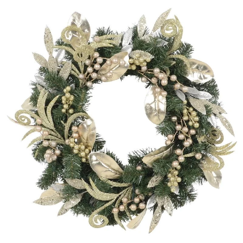 Christmas Wreath Pre-Lit Silver Gold Leaf Berries 60cm (2ft)