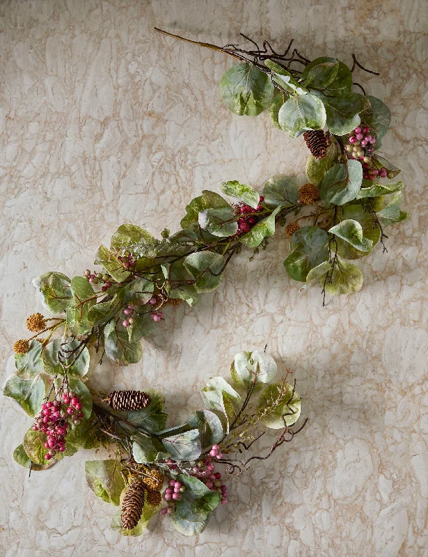 Faux Zanzibar Leaf with Pinecones & Berries Garland