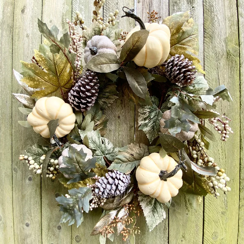 Green and Cream Pumpkin Wreath