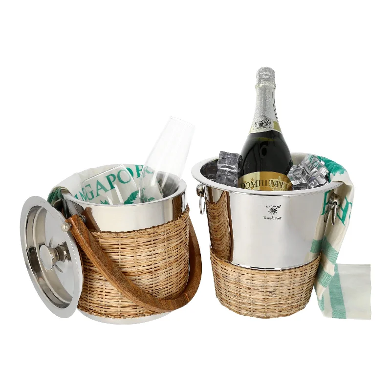 Ice Holder & Wine Bucket Set with Rattan Finishing.