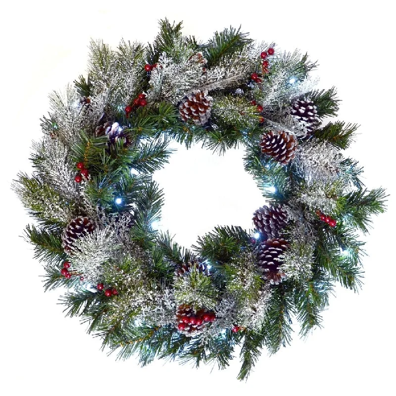 LED Snow Frosted Christmas Wreath With Berries & Pine Cones