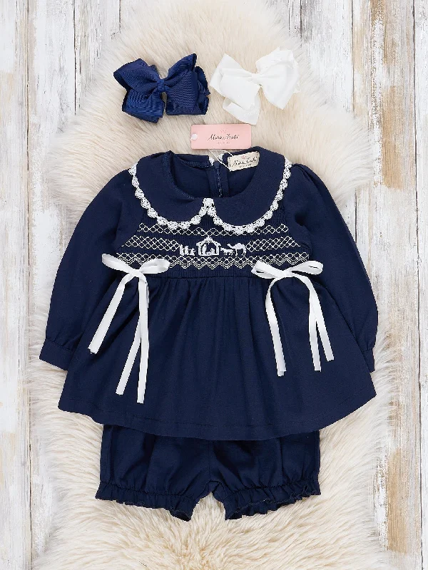 Navy Smocked Nativity Scene Bloomers Outfit