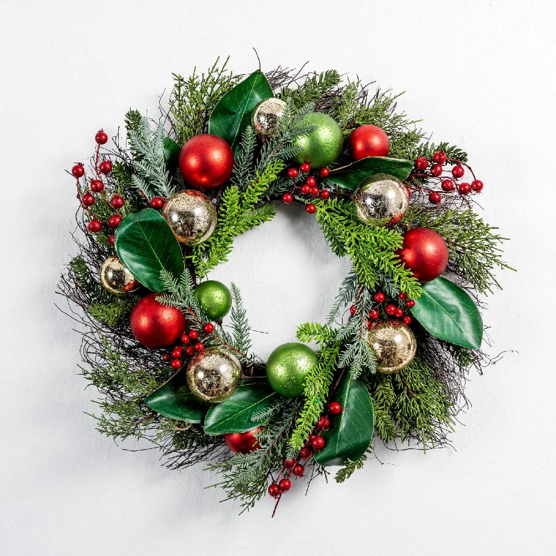 24" Pine Needle Wreath with Red Berries and Ball Decorations