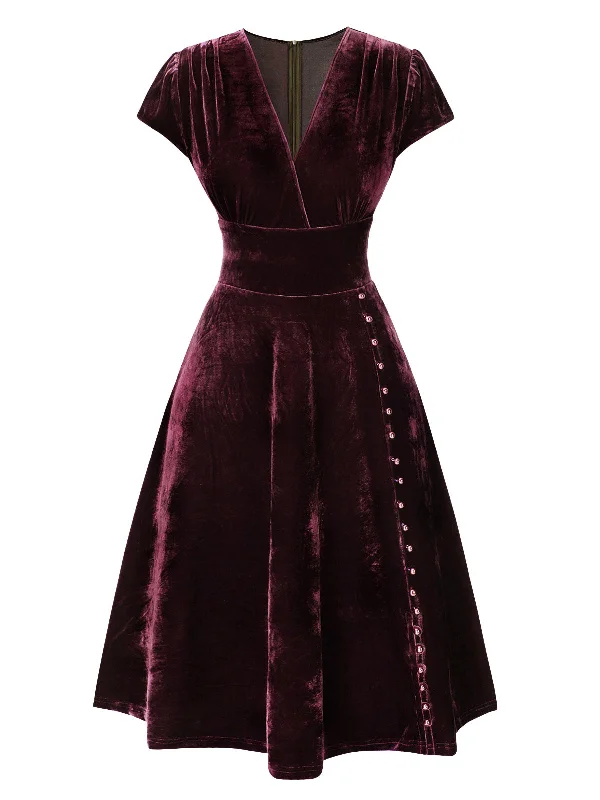 [Pre-Sale] Red 1940s Deep V-Neck Pearl Velvet Dress