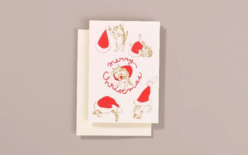 Silk Screen Printed Christmas Card, Cats and Hats