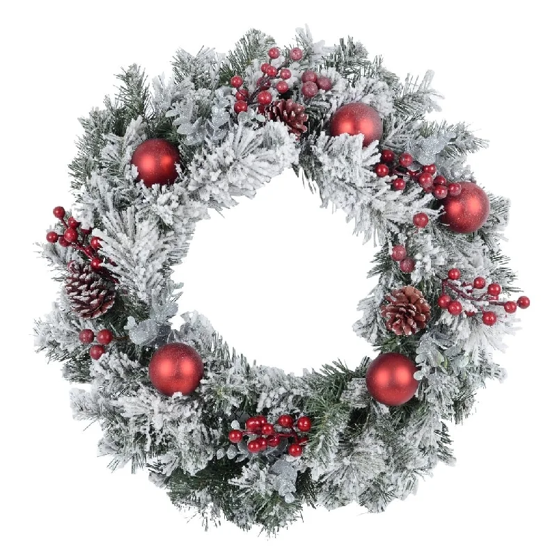 Snow Flocked Christmas Wreath With Red Berries Baubles 60cm