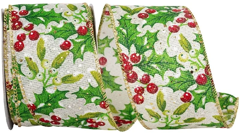 2.5"x10yd Reliant Ribbon Holly Berries and Leaves Glimmer Wired Edge Ribbon, Green/red