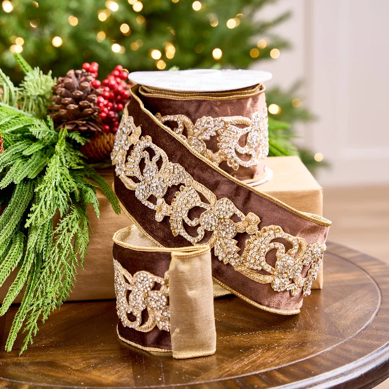 4" X 5YD Brown Velvet Ribbon With Gold Jewel Center