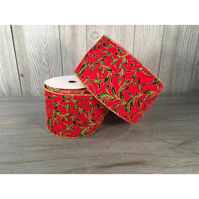 4"X10Yd Printed Leaf Vine On Velvet Ribbon - Red/Green/Gold | YT