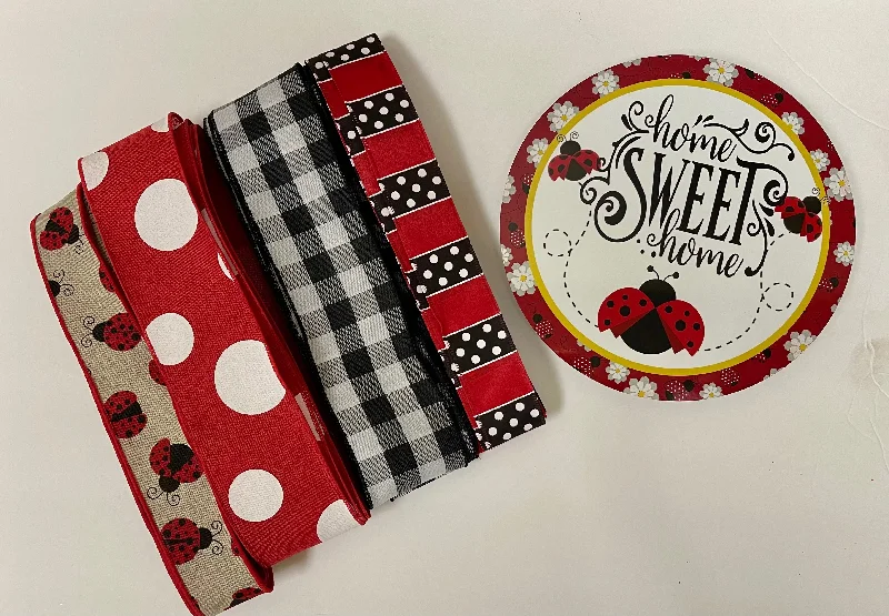 Ladybug Home Sweet Home Sign and Ribbon Combo Bundle, Spring Craft Supplies, Wreath Supplies