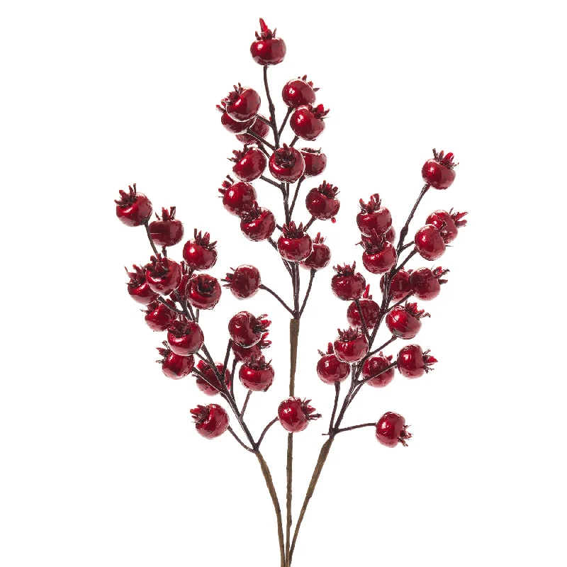 Metallic Burgundy Red Rosehip Berry Branch Spray - 25"