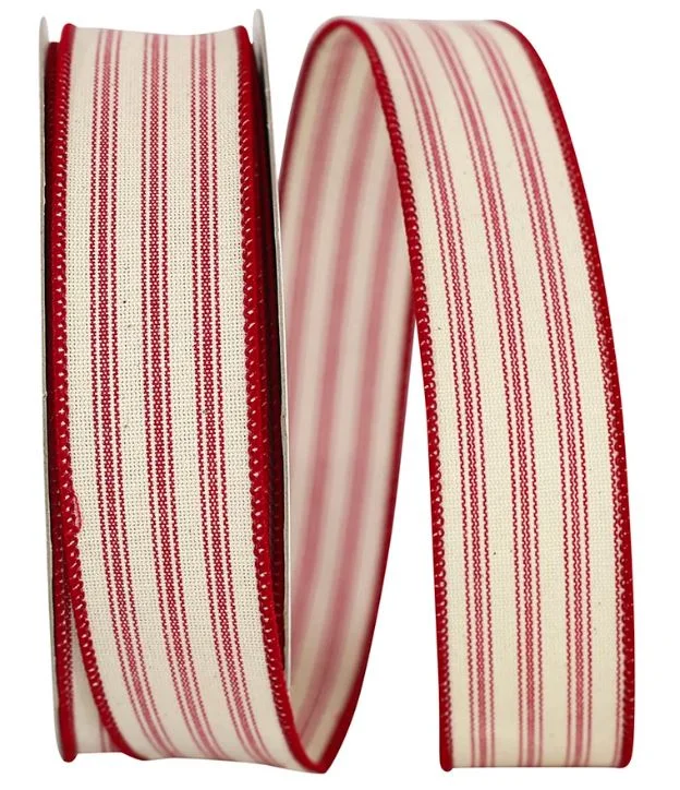 Reliant Ribbon Ticking Linen Stripe Wired Edge Ribbon, 1-1/2 Inch X 20 Yards, Red