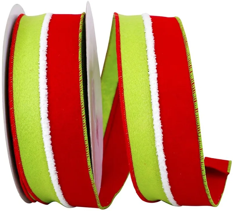 Ribbon - Christmas Velvet Duo Fuzzy Stripe Wired Edge, Red/green, 2-1/2 Inch, 10 Yards